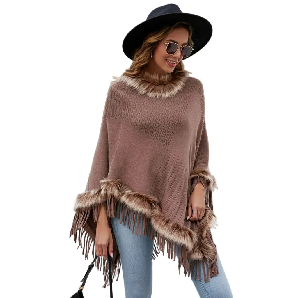 Boho poncho turkiskaulus ja hapsut taupe
