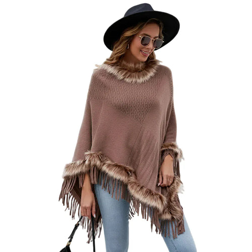 Boho poncho turkiskaulus ja hapsut taupe