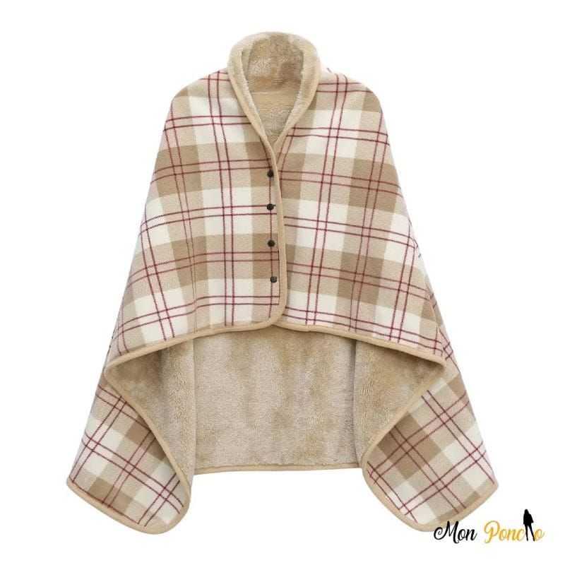 Kannettava, käännettävä fleece-poncho beigen ja ruskean ruutukuosilla