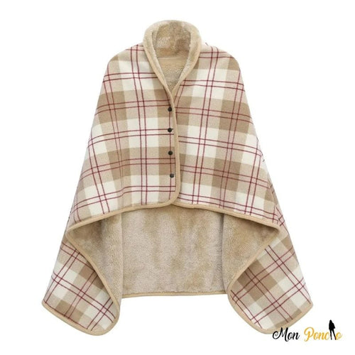 Kannettava, käännettävä fleece-poncho beigen ja ruskean ruutukuosilla
