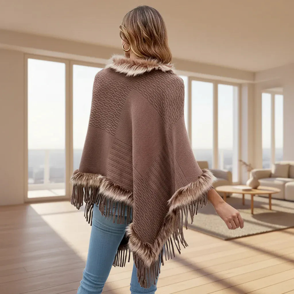 Boho poncho turkiskaulus ja hapsut taupe