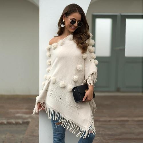 Naisten poncho tupsuilla, puuvillaa