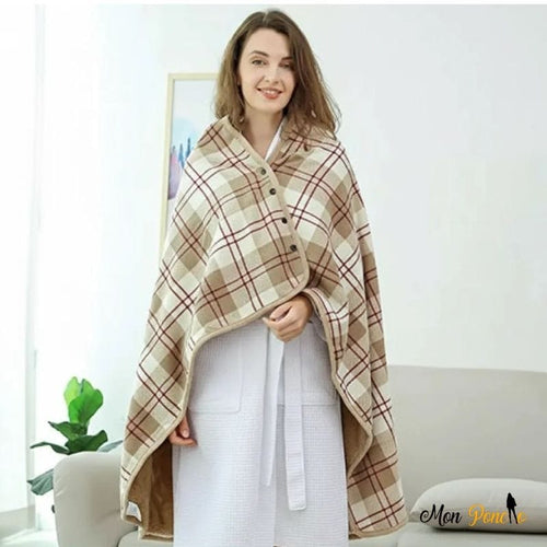 Kannettava, käännettävä fleece-poncho beigen ja ruskean ruutukuosilla