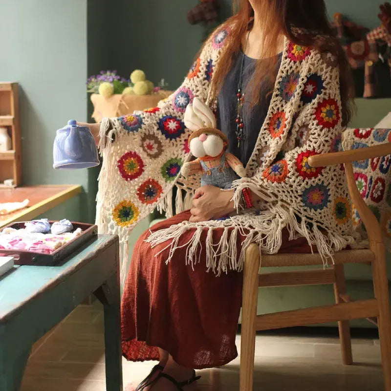 Retro virkattu poncho Grandma Squares monivärinen